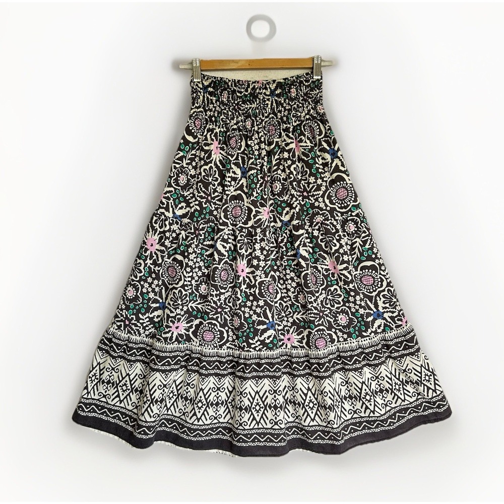 Marine Layer Corinne Tencel Linen Smocked Waist Boho Hippie Print Maxi Skirt XS
